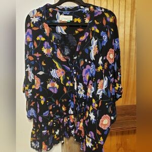 Plus Size Anthropologie 3x Floral Flowy Boho Top Button Up Front